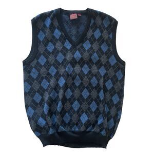 Nordstrom Merino Wool Blue Black Argyle Sweater best Women’s Size Large Italy